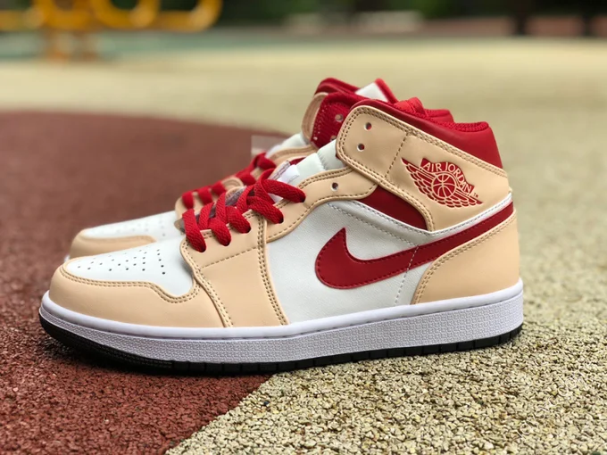 Air Jordan 1 Mid White Brown Red Sneakers 554724-201