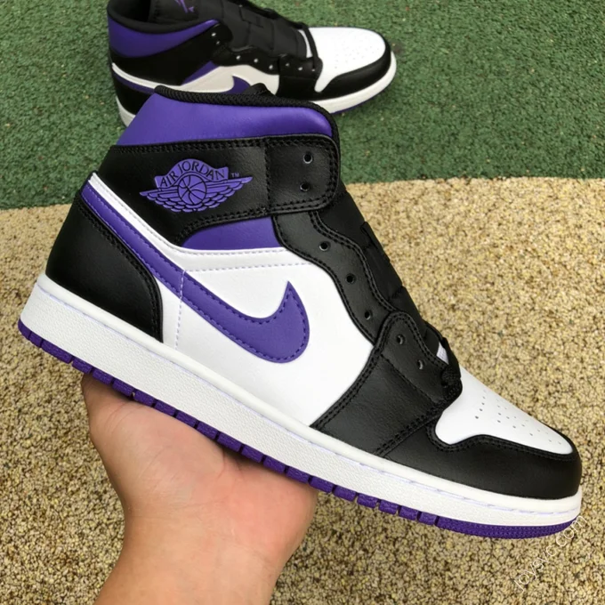 Air Jordan 1 Mid Black White Purple Sneakers 554724-095