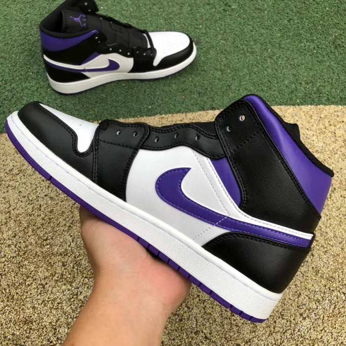 Air Jordan 1 Mid Black White Purple Sneakers 554724-095