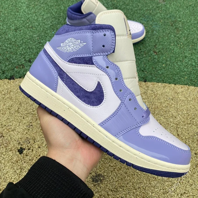 Air Jordan 1 Mid White Purple Patent Sneakers DZ3745-500