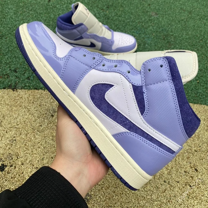 Air Jordan 1 Mid White Purple Patent Sneakers DZ3745-500