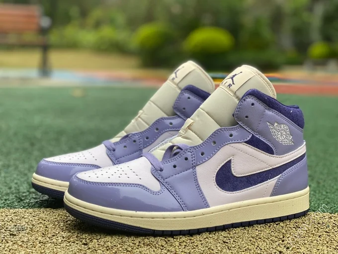 Air Jordan 1 Mid White Purple Patent Sneakers DZ3745-500