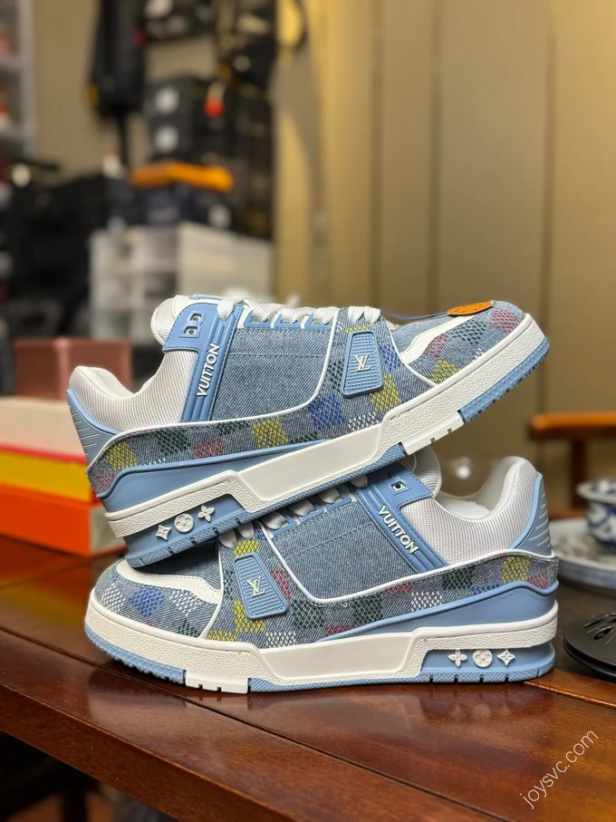 LOUIS VUITTON LV Trainer Blue Multicolor Checkered Shoes