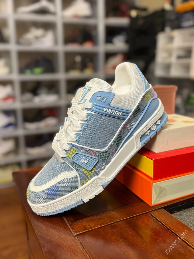 LOUIS VUITTON LV Trainer Blue Multicolor Checkered Shoes